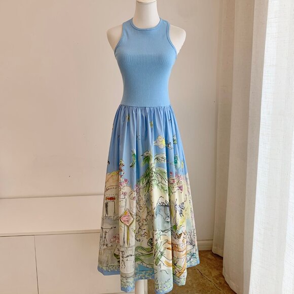 Light Blue Knit Patchwork Art Print Dress Light Blue Knit Patchwork Art Print Dr - Picture 4 of 10